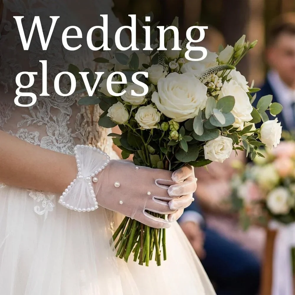 Women's Tulle Mesh Short Pearl Bow White Gloves Wedding Party Tea Accessories